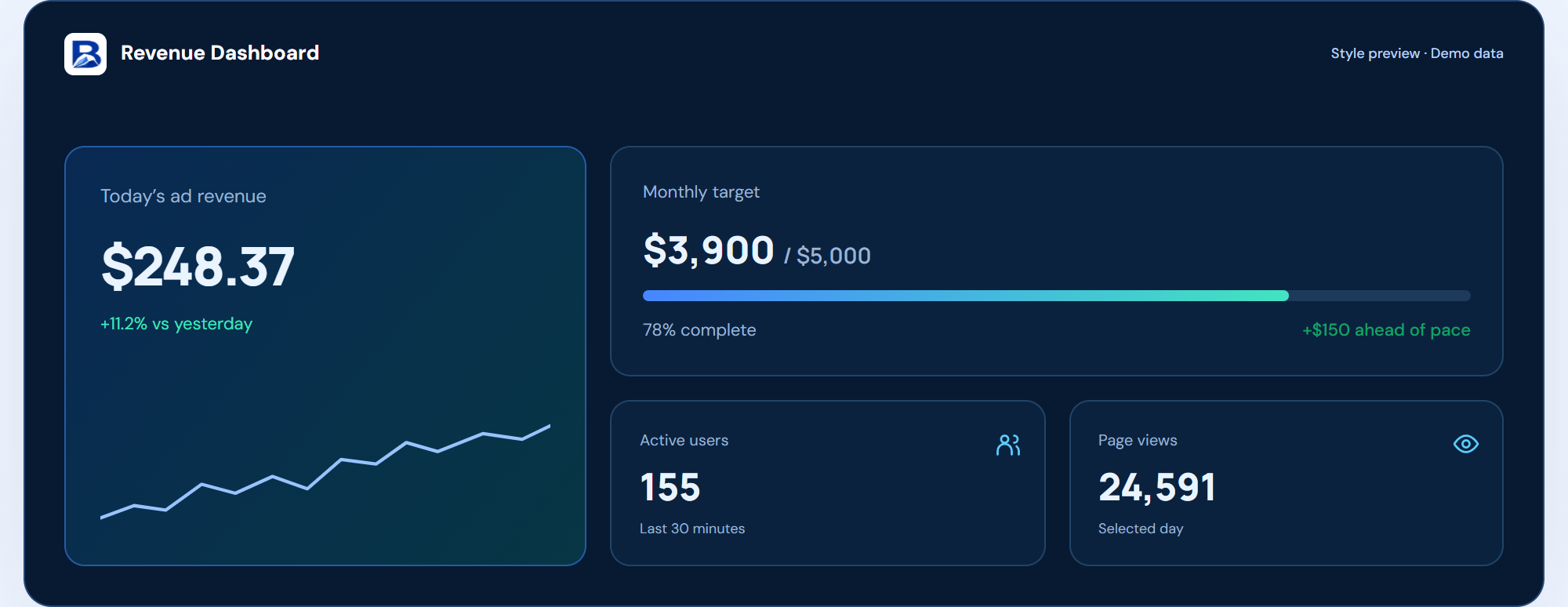 Dark Mission dashboard with revenue and monthly progress